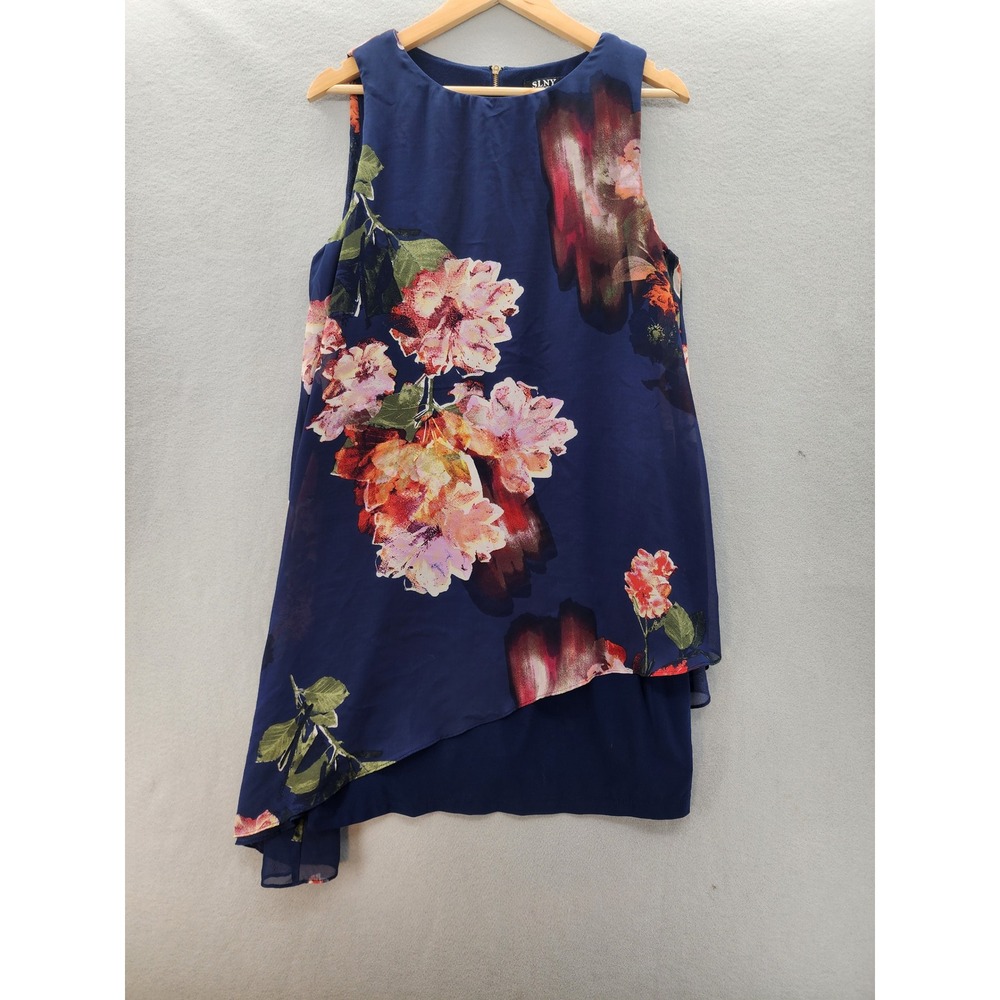 SLNY Women Navy Blue Floral Asymmetrical Chiffon Shift Dress Sz 14 Wedding Guest